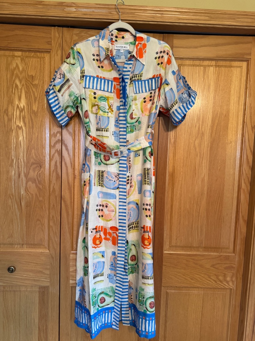 HUNTER BELL Charlotte Multicolor Abstract Print Midi Shirt Dress w/pockets